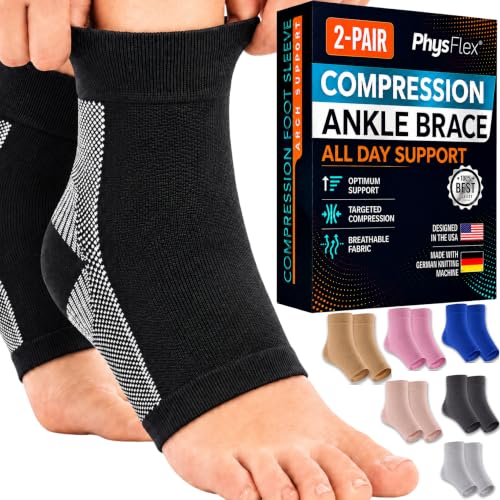 PhysFlex Black Medium Compression Ankle Socks 2 Pack - Foot Support for Pain Relief