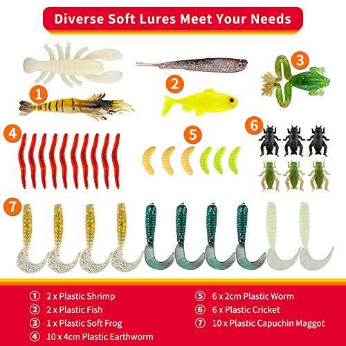 Fishing Lures Kit for Freshwater Bait Tackle Kit for Bass Trout Salmon Fishing Accessories Tackle Box Including Spoon Lures Soft Plastic Worms Gifts for Men
