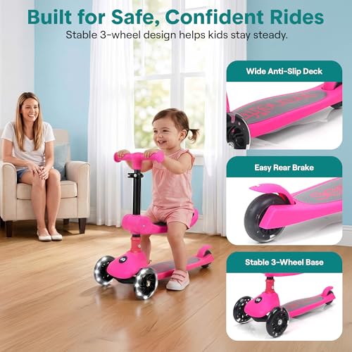 Kids 3 Wheel Scooter with Foldable Seat LED Wheels and Adjustable Handlebar