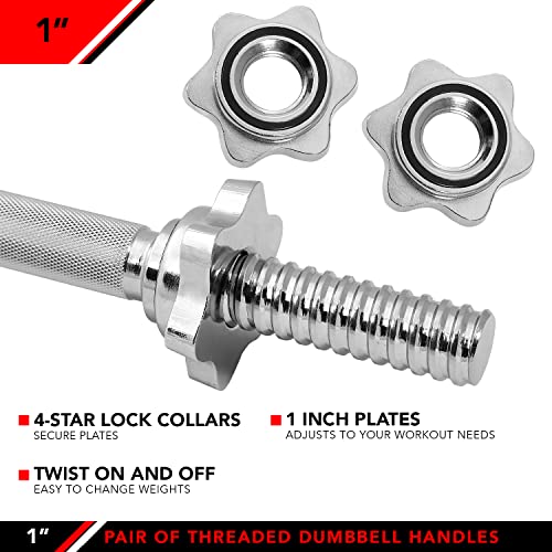 1 Inch Threaded Dumbbell Handles Set of 2 with Star Collars - Fits Standard Plates