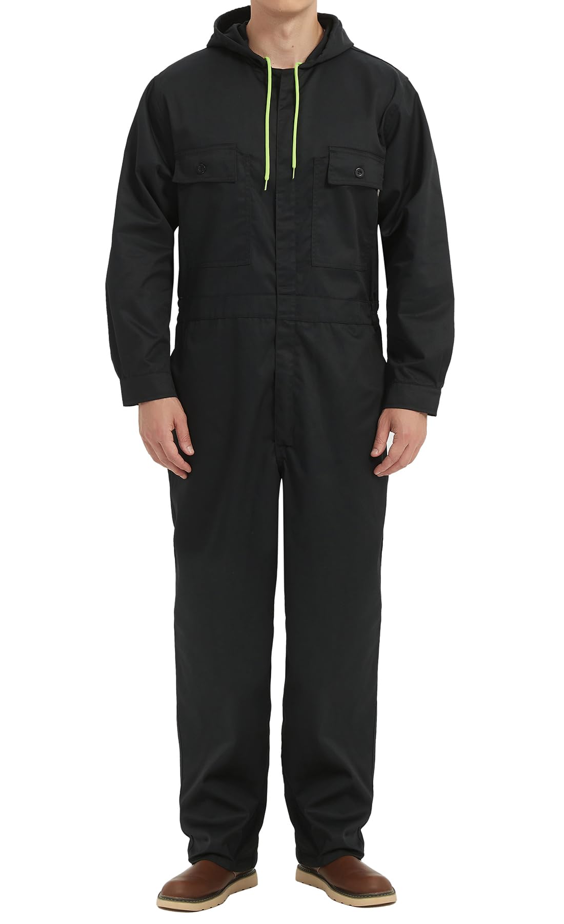 Yukirtiq Mens Cotton Blend Long Sleeve Coverall Multi Pockets Zip Overall Mechanic Work Jumpsuit with Hood, Black, S