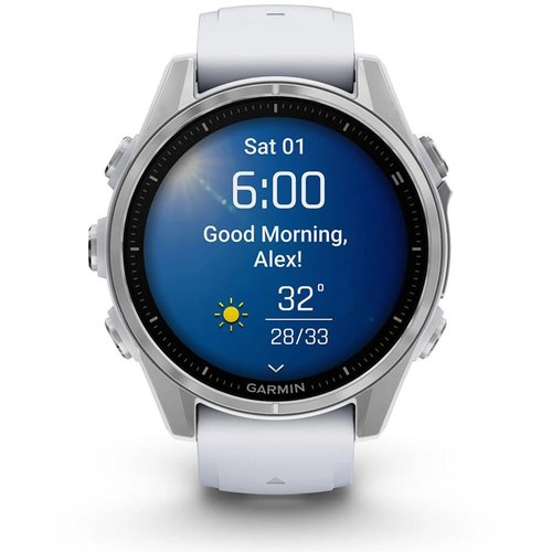 Garmin 010-02903-00 Fenix 8 43 mm, AMOLED, Silver with Whitestone Silicone Band Bundle with Tech Smart USA Fitness & Wellness Suite + Round Tempered Glass Screen Protector