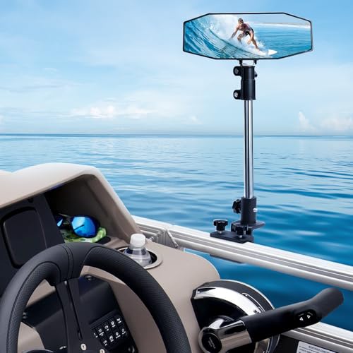 KEMIMOTO Pontoon Boat Mirror Rear View with Telescoping Pole, 10.5¡° x 4¡± Extra Large 360¡Æ Adjustable Marine Mirror for Pontoon Rail or Bimini Top, Ski Boats Water Skiing, Pontoon Boat Accessories
