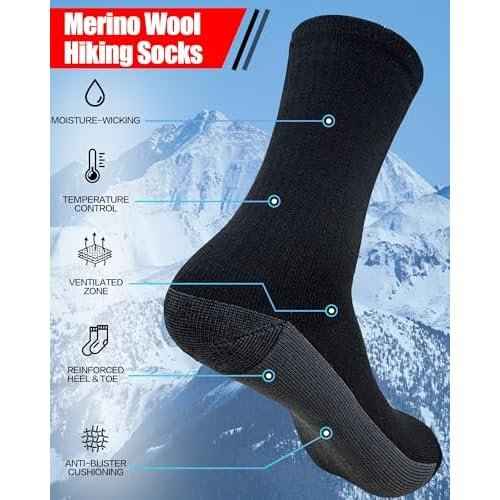3 Pairs Men's Merino Wool Socks - Thermal Winter and Hiking Socks with Cushioned Support for Everyday Comfort