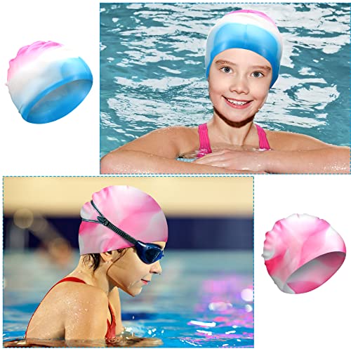 Kids Silicone Swim Cap Long Hair Large Mixed Colors / Tie-Dye (3 Pack) - 4-16 Years