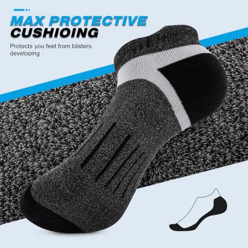Men's Cushioned Ankle Running Socks - Moisture-Wicking, Low Cut, 7 Pairs Dark Gray