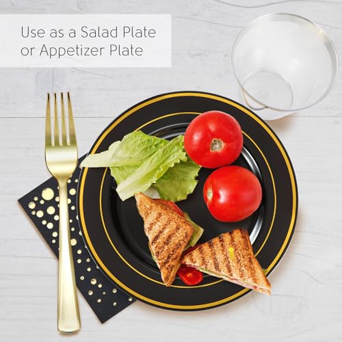 Black and Gold Dessert Plates Set with Cups, Forks, Napkins - 100 Pack - Variation: Black
