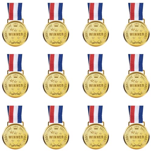12 Pieces Gold Award Medals Set with Ribbons for Sports, Competitions & Parties - 2 Inch