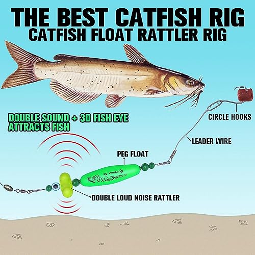 Green 4 Pack Catfish Rig with Rattler Floats for Bank Fishing - 3 Inch