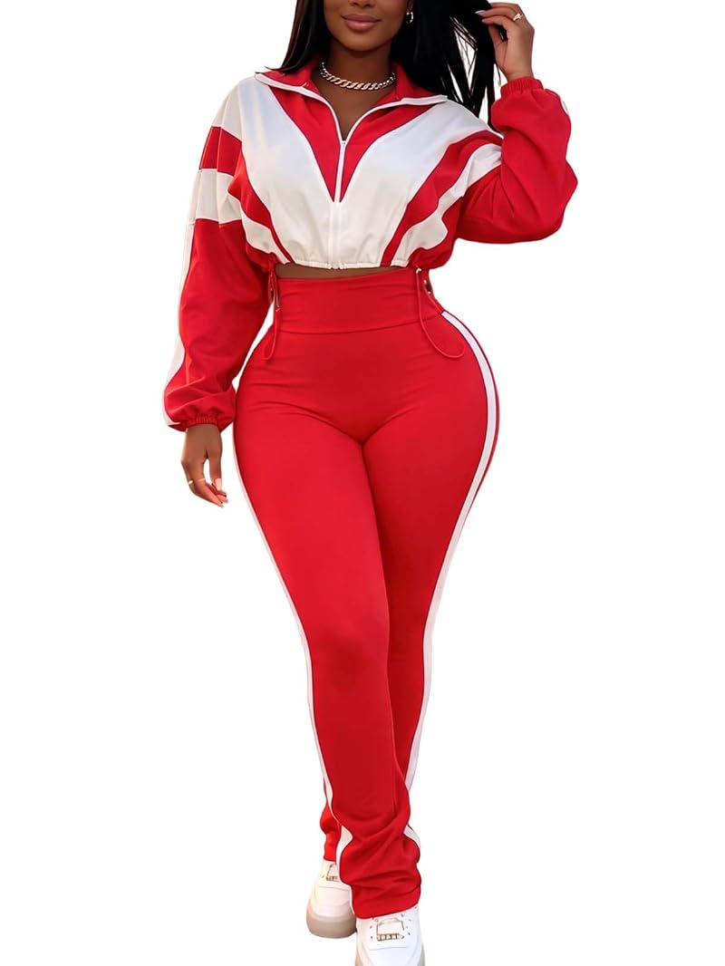 Adogirl Women 2-Piece Zip Up Track Suit - Red Large, Sleeveless? (clarify) 2 Piece Jogger Set