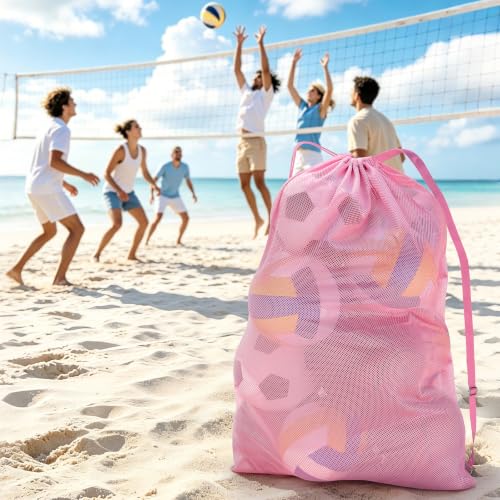 Pink Mesh Sports Ball Bag 40x30 Inch Heavy Duty Drawstring Organizer for Basketball Volleyball Soccer