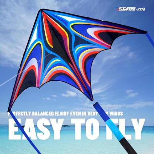 Large Delta Kite for Kids & Adults - Dark Blue Rainbow Easy Fly Durable Beach Kite