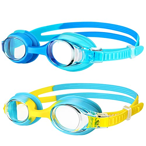 Kids Swim Goggles 2 Pack - Anti-Fog No Leak Wide View for Boys Girls Ages 6-14 - Blue & Yellow