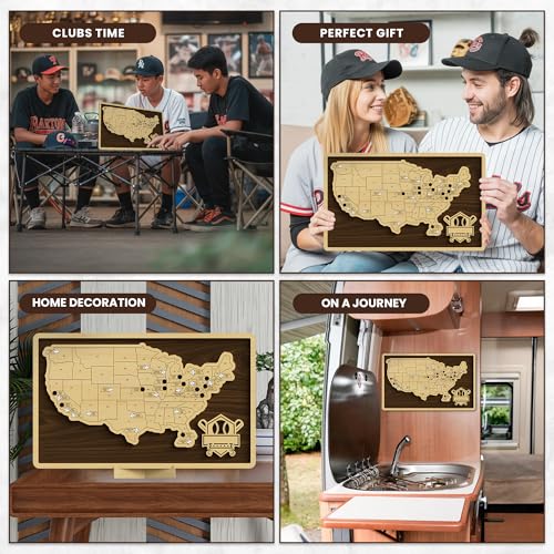 Baseball Stadium Map Tracker with Pins - Wooden Wall Art & Travel Checklist