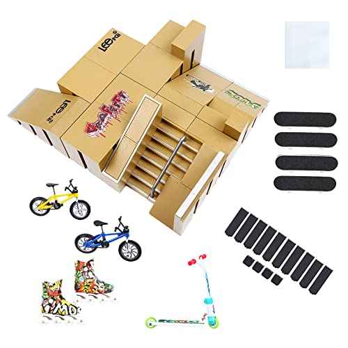 Skate Park Kit, Skate Park Kit Ramp Parts for Finger Skateboard Park Kit Part Training Props with 4 Finger Decks 2 Finger Bike 1 Pair Skates and 1 Scooters