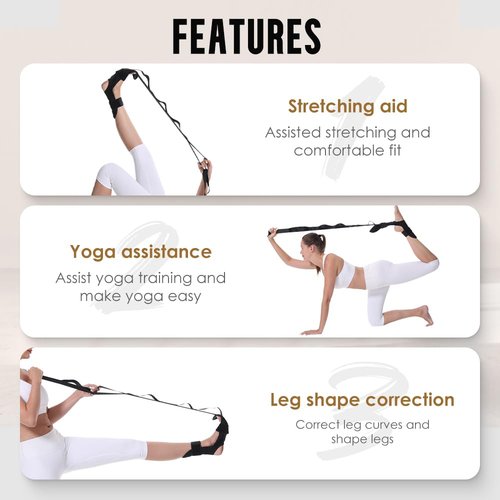 Stretching Strap with Loops for Physical Therapy, Non-Elastic Yoga Strap for Stretching, Hamstring Foot Stretcher for Plantar Fasciitis Treatment, Flex Strap & Leg Stretch Band for Exercise (Black)