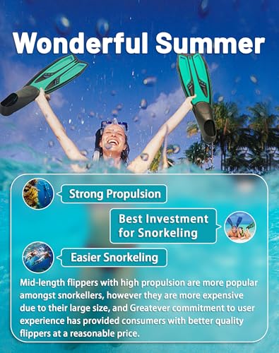 Greatever Full Foot Snorkel Fins for Adults Medium Green Diving Flippers