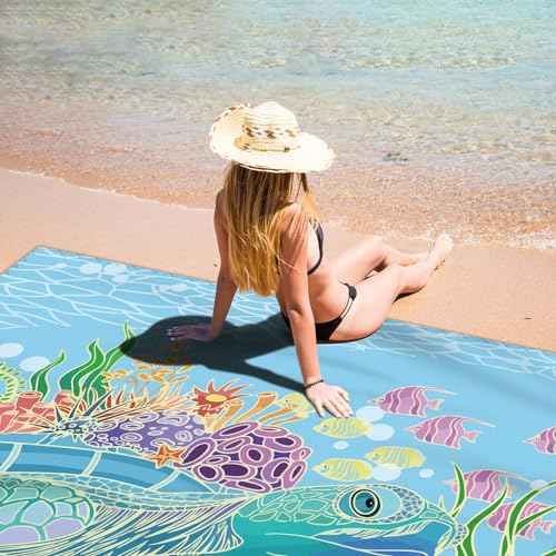 Beach Blanket Waterproof Sandproof Large Beach Mat 79" X 83" for 2-4 Adults Sand Free Mat Quick Drying,Lightweight & Durable with 4 Stakes & 4 Corner Pockets for Beach Travel Camping.(Sea Turtle)
