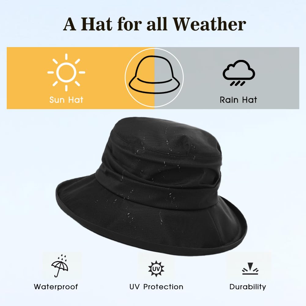 Comhats Rain Hat for Women Waterproof Wide Brim Sun Hats for Ladies SPF 50+ Summer Traveling Bucket Hats Beach Foldable Black X-Large