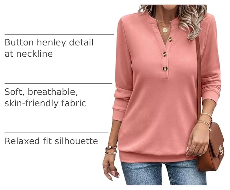 EADINVE Coral Large Henley Neck Sweatshirt for Women - Long Sleeve V-Neck Casual Fall Top