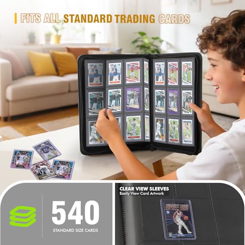 Trading Card Binder 9-Pocket Holds 540 Cards with Zipper - Black