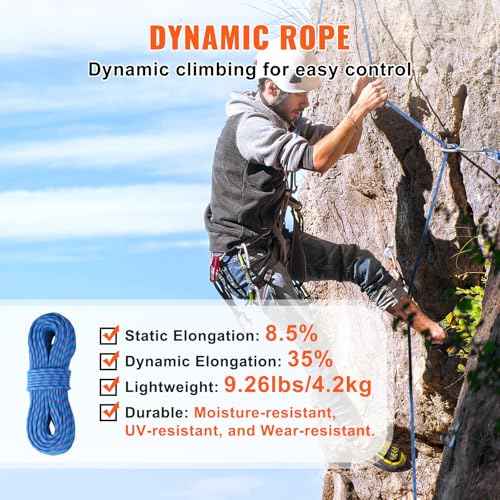 VEVOR 10.2mm Dynamic Climbing Rope, Outdoor Rock Climbing Rope 25KN Breaking Tension, Stretchable Fiber Rope with Steel Snap Hooks for Escape, Rappelling, Fire Rescue, Blue