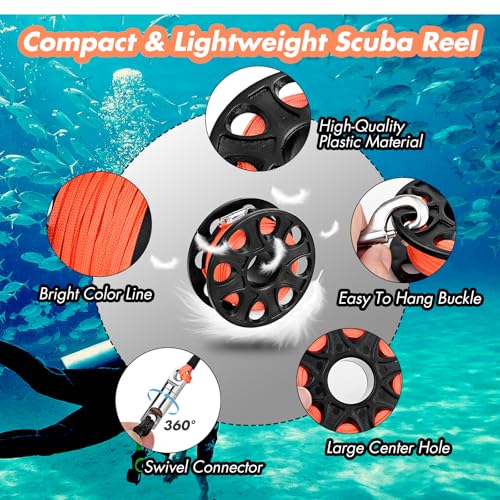 100FT Compact Scuba Diving Reel, Plastic Finger Spool Dive Reel with Stainless Steel Double-Ended Bolt Snap for Underwater Sports, Wreck Cave Diving, Snorkeling, Spearfishing (Black)