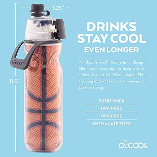O2COOL Mist 'N Sip Misting Water Bottle 2-in-1 Mist And Sip Function With No Leak Pull Top Spout Reusable Sports Water Bottle - 20 oz (Basketball)