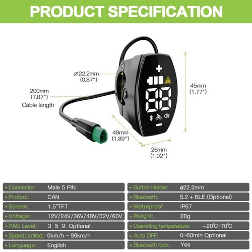 Varstrom VD03 Ebike Display - 1.5" Slim LED Screen for Bafang BBS01B/02B HD Mid Drives Kit(12-60V,CAN Protocol), IP67 Waterproof 0-9 Levels EBike Computer Display for 22.2mm Handlebar Electric Bikes