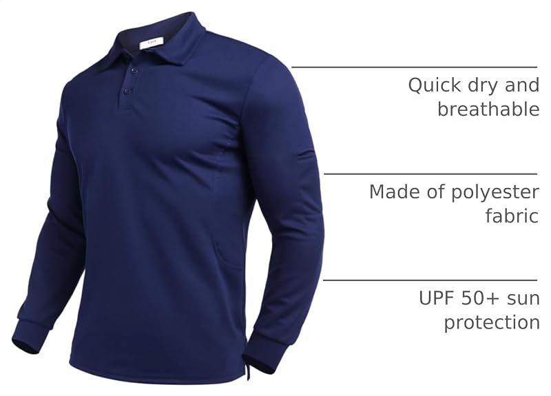 Deyeek Men's Long Sleeve Polo Shirt - Quick Dry Golf Polo Navy Large