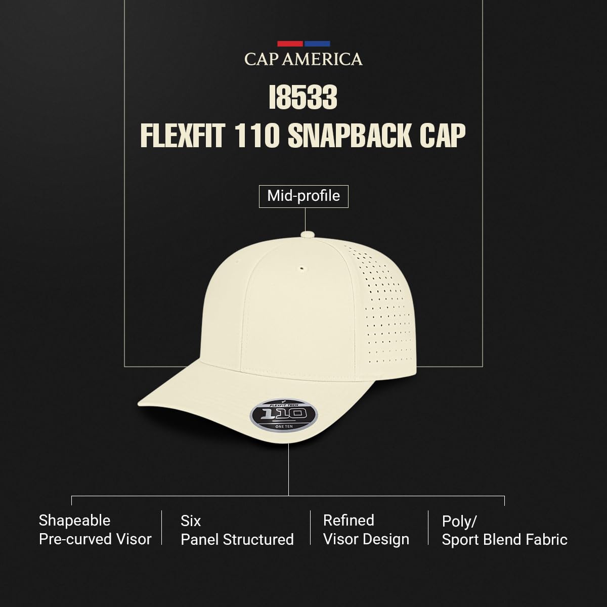 Cap America i8533 2-Pack Flexfit 110 Perforated Performance Snapback Mid Profile 6-Panel Cap w/UV Guard & Adjustable Snapback (Black)