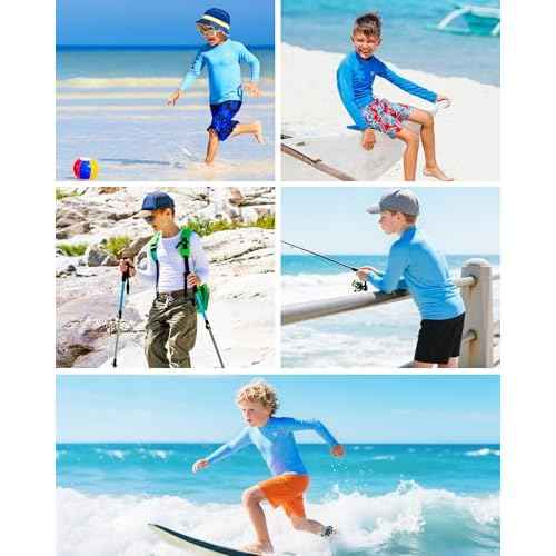 Runhit UPF 50+ Boys Swim Shirt Long Sleeve, Rash Guard for Boys, Youth Kids UV Sun Protection Shirt for Beach Surf Hiking