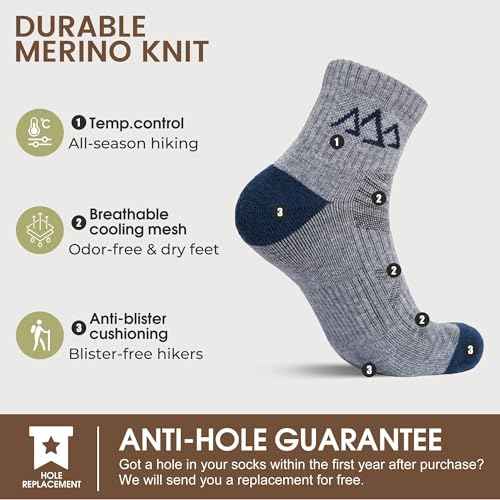 innotree Merino Wool Hiking Socks for Men & Women Quarter Ankle Compression Thick Cushion Breathable Anti Odor Socks, 5 Pairs