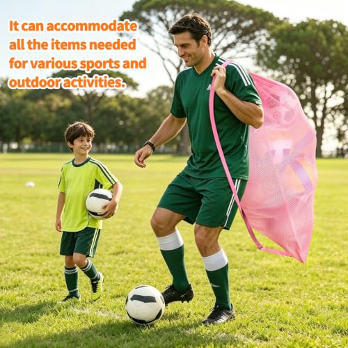 Pink Mesh Sports Ball Bag 40x30 Inch Heavy Duty Drawstring Organizer for Basketball Volleyball Soccer