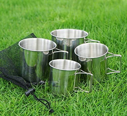 Stainless Steel Camping Mug Set with Folding Handle - 4 Piece Backpacking Cup Kit