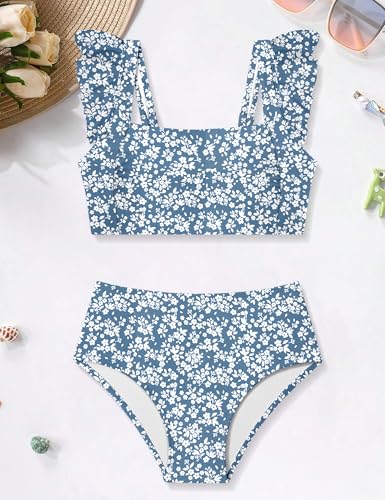 Girls 2 Piece Swimsuit Bikini Set - Blue White Floral, Adjustable Straps, Ruffle Trim, Ruched, Square Neck, Teen 9-16Y