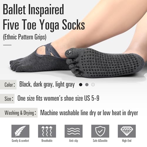 Yoga Toe Socks with Grip 7 Pairs Women's Non-Slip Toe Socks - Black, Light Gray, Dark Gray