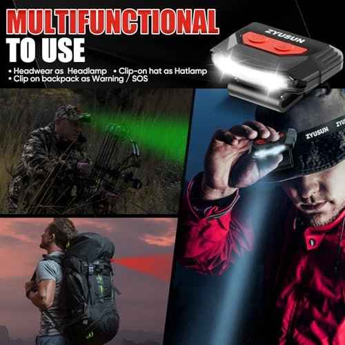 2-Pack Rechargeable Cap Light,Portable headlamps,Clip on Hat with Motion Sensor,Lightweight IPX4 Waterproof,White/Red/Green Night Vision LED Lights for Hunting Fishing Camping Hiking Cycling