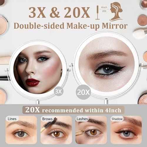 9in Makeup Mirror with Lights, 3x/20x 5000mAh Rechargeable Lighted Makeup Mirror with Magnification, 360¡Æ Rotate Magnifying Mirror,3 Color,Dimmable up,3800lux,80 LEDs,No Height Adjustment,Silvery