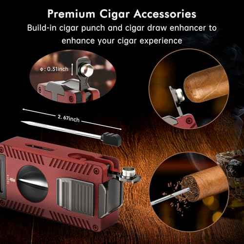 XIFEI Torch Lighter, Double Jet Flame Lighter with Cigar V Cutter and Punch, Draw Enhancer and Holder, Refillable Butane Lighter, Multifunctional Cigar Accessory for Men's Gift (Red)