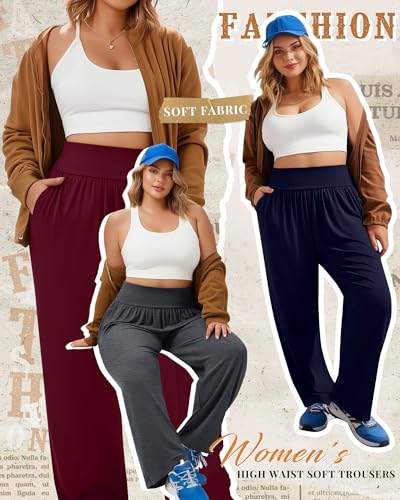 Women's Plus Size Flowy Yoga Lounge Pants 4 Pack - Black, Wine Red, Navy Blue, Dark Gray