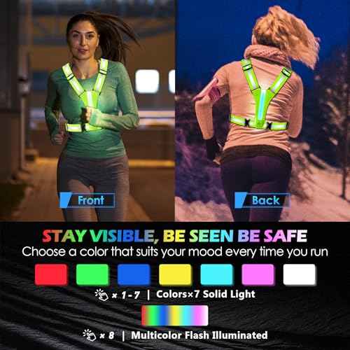 LED Reflective Vest Running Gear, 8 Lights Colors Illuminated, USB-C Rechargeable, High Visibility Safety Vest with Adjustable Waist/Shoulder, Light Up Vest for Night Dog Walking Cycling