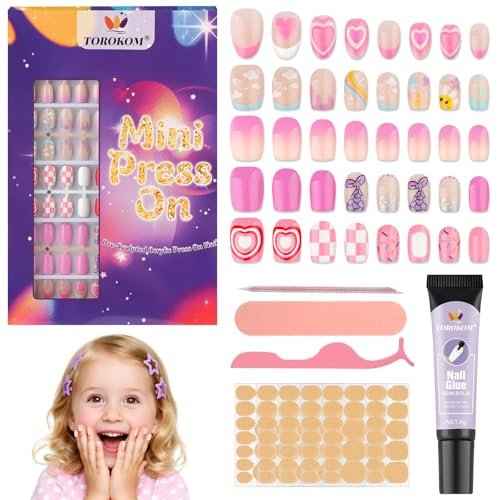 130PCS Kids Press on Nails, TOROKOM Fake Nails Set Short Square Glue on Nails for Girls Gift 8-12 Age, Heart Flower Butterfly Stick on Nails for Kids with Jelly Nail Adhesives & Glue