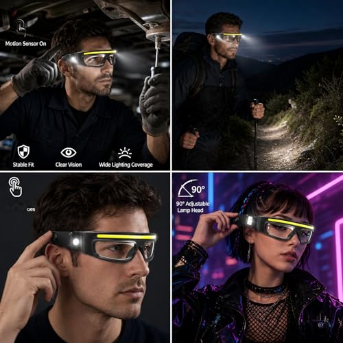 Rechargeable LED Safety Glasses with Lights, Motion Sensor & Touch Control - Blue