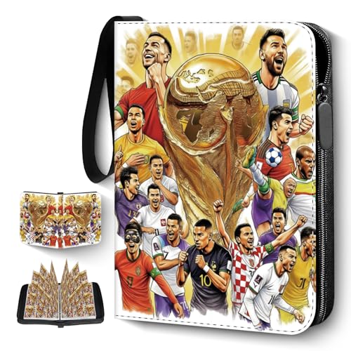 Soccer Card Binder 900 Capacity with Gold Cover - 50 Removable Sleeves, Waterproof PU Leather, 3-Ring Zipper Organizer for Collectors