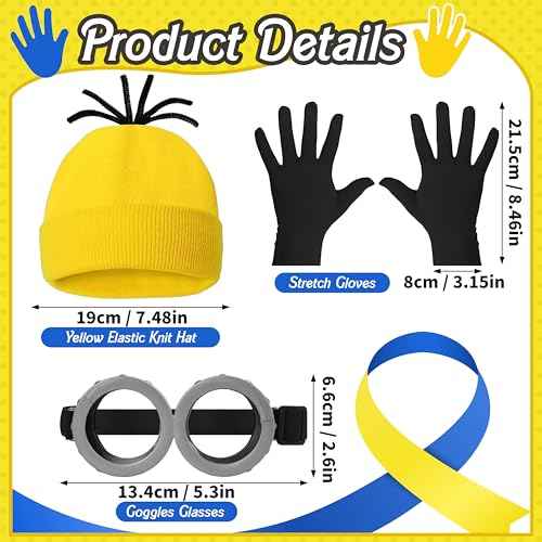 4 Pcs Halloween Yellow Costume Accessories for Adult, Yellow Beanie Hats, Goggles Glasses, Elastic Black Gloves for Halloween Dress Up Men Women Cosplay Party