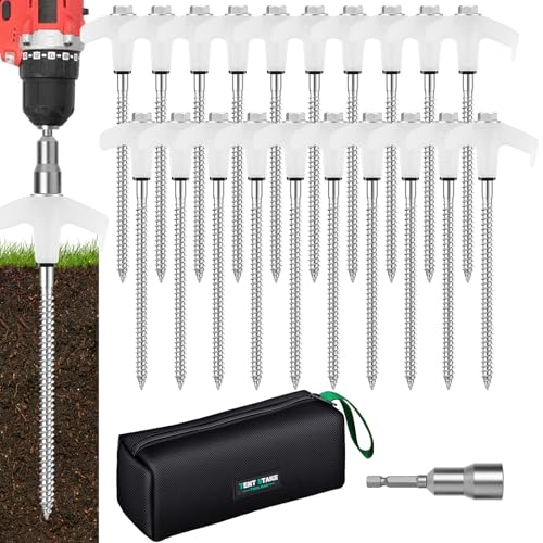 White 12 Pack 8-Inch Heavy Duty Screw-In Tent Stakes with Glow-In-The-Dark Anchors