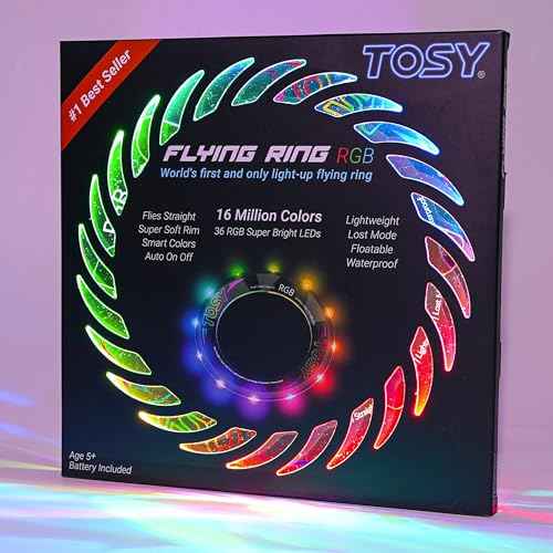 TOSY Flying Ring - 16 Million Color RGB or 12 LEDs, Super Bright, Lost Mode, Auto Light Up, Camping Essentials for Kids/Teens/Boy/Girl, Safe & Soft, Waterproof, Pool/Beach Games, Lightweight Toy