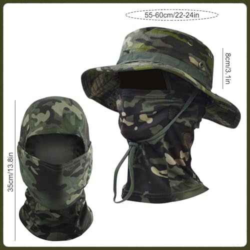 Camo Boonie Sun Hat with Balaclava Face Mask UV Protection Fishing Hat Bucket Hat for Hunting Hiking Military Tactical Safari