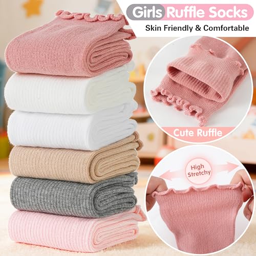 Kids Girls Ruffle Socks 6 Pairs Uniform School Dress Frilly Cotton Crew Pink/Light Pink/White/Off White/Khaki/Grey 5-8 Years